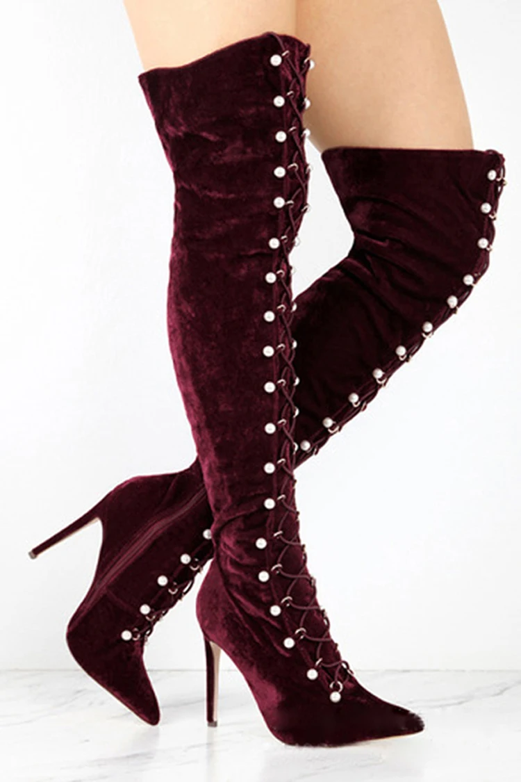 Pearls Sewed Eyelet Cross Bandage Pink Burgundy Velvet Over The Knee Boots Women Thigh Boots High Heels Pointed Toe Botas