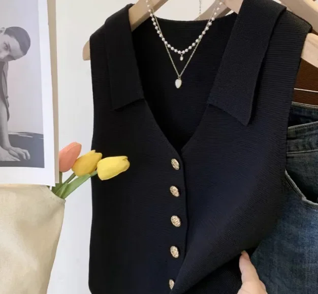 Damen Sommer-Stricktop mit Stehkragen, Ärmellos, Schmal Geschnittenes Graues Tanktop, Koreanischer Stil Layering Freizeithemd – Detail 5