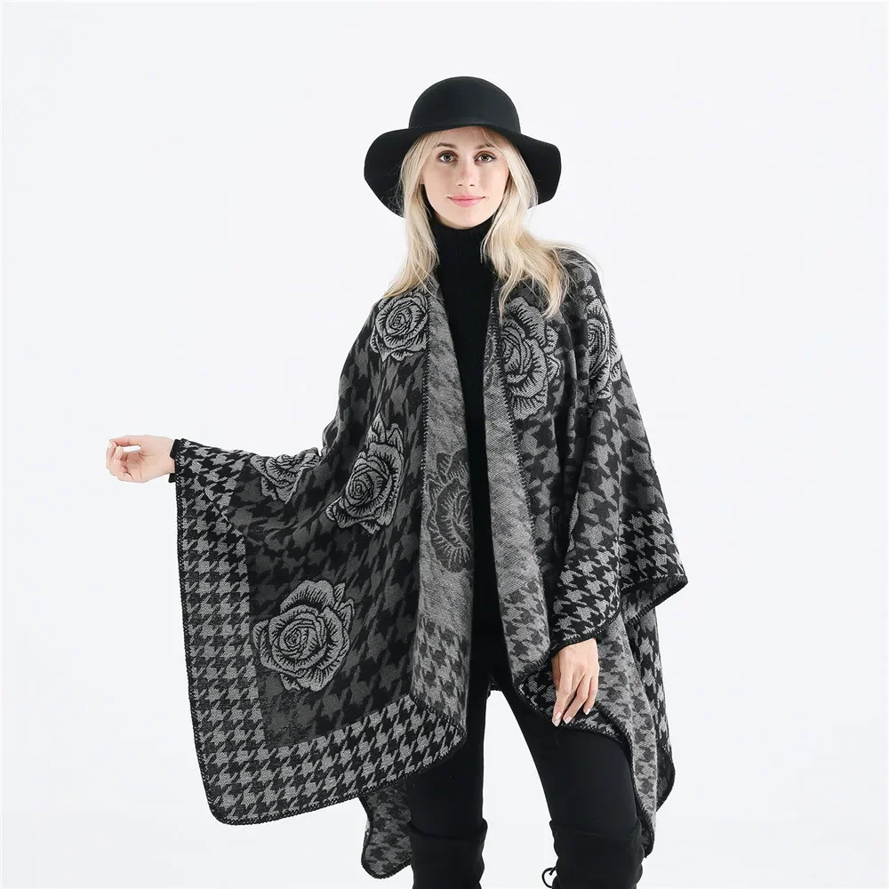 

2024 Autumn Winter New Hot Selling Fashion Gold Flower Pattern Travel Imitation Cashmere Women Shawl Poncho Capes Gray