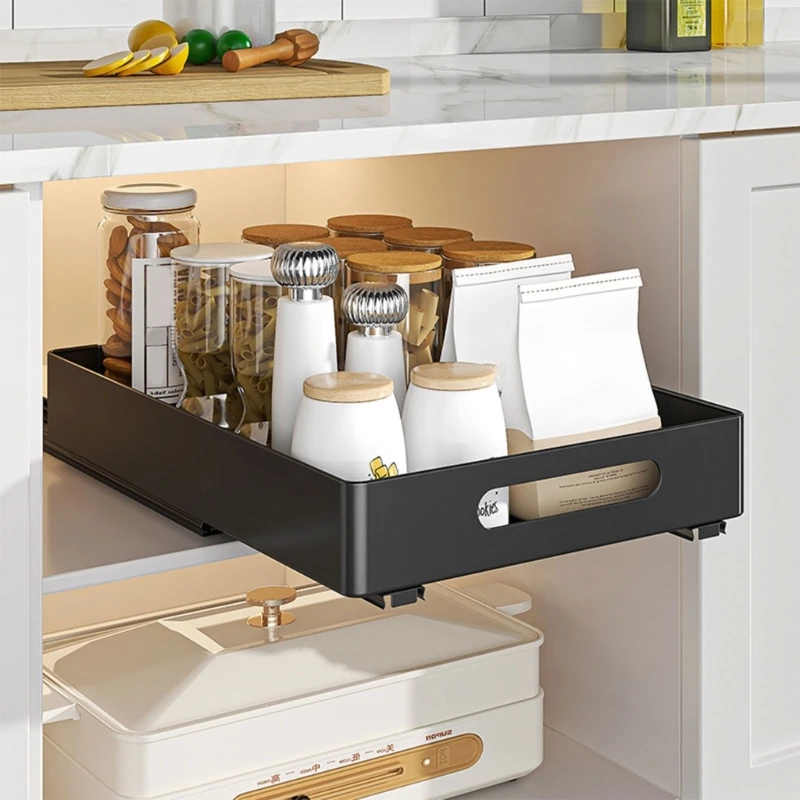 

Practical Condiments Rack Extendable Sliding out Drawers for Cabinet Convenient No Drilling Kitchen Storage Shelf Tool