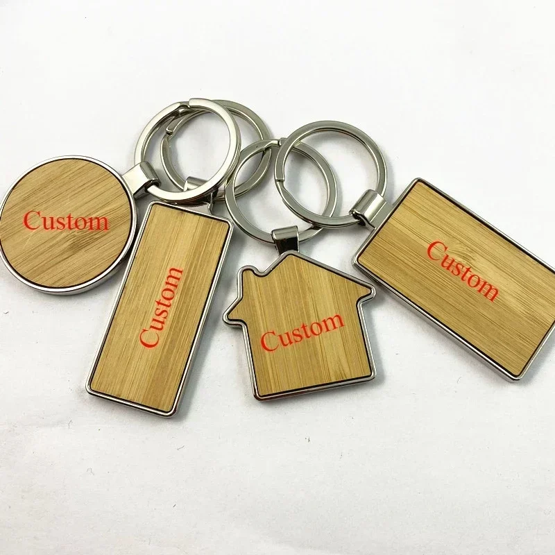 Custom LOGO Name Round Solid Beech Wood Keychain DIY Personalized Wooden Engraved Keyring Making Key Chain Ring Square Gift