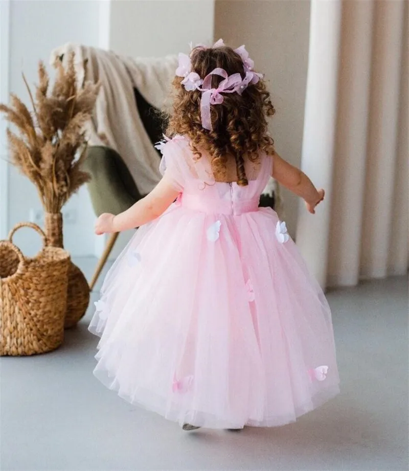 

Pink Tulle High-Low Flower Girls Dresses Tiered Tulle Fluffy Pageant Gown Birthday Dress Wedding Guest Special Occasion Dress