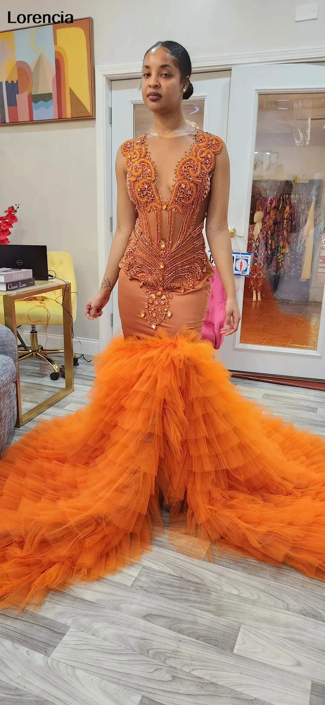 Lorencia-Vestido largo naranja con abertura alta para mujer, traje De graduación con cuentas De diamantes De imitación y volantes, para fiesta, YPD113