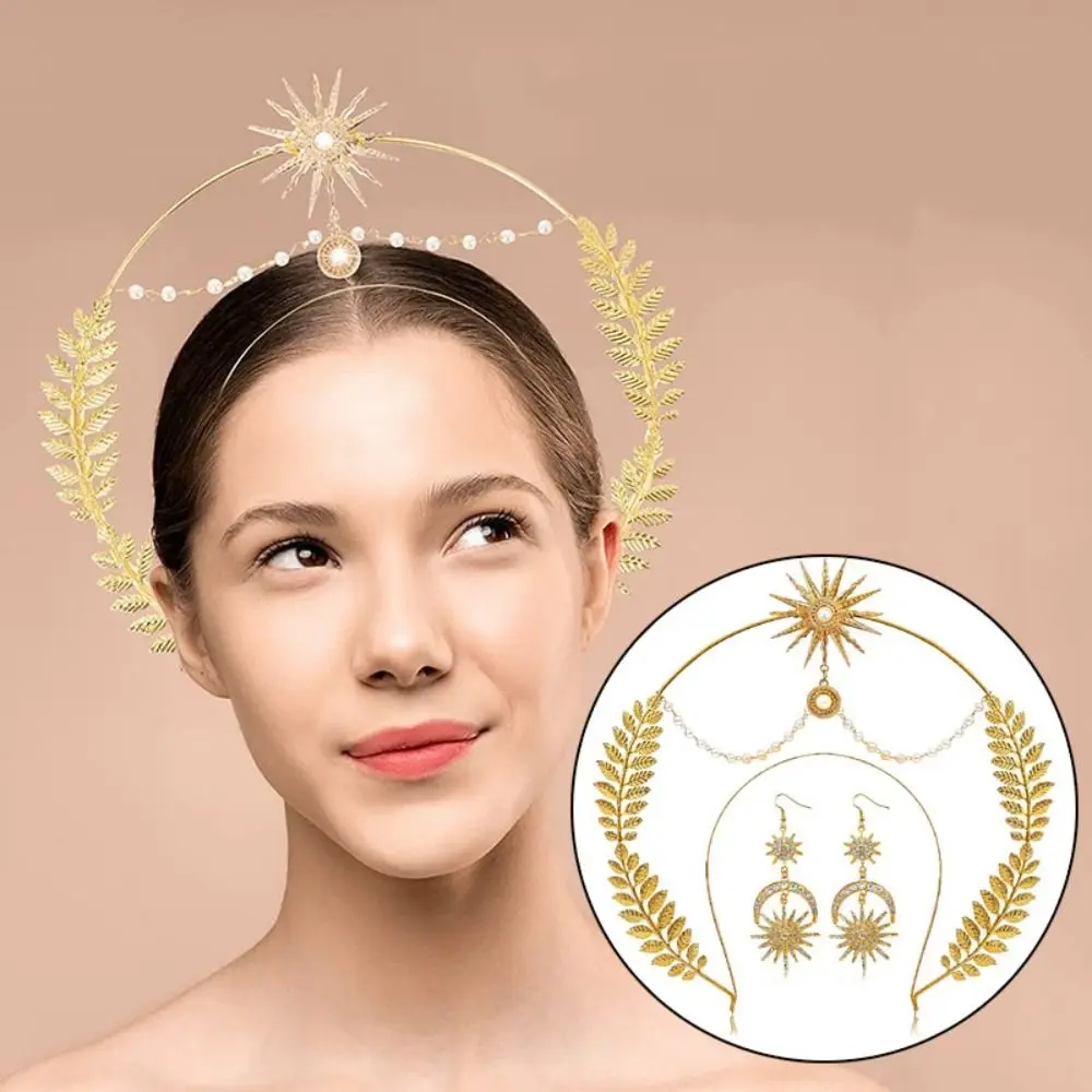 Elegant Alloy Halo Crown Earring Set Rhinestone Hexagram Star Star Headband Double Layer Bohemian Hair Hoop Wedding