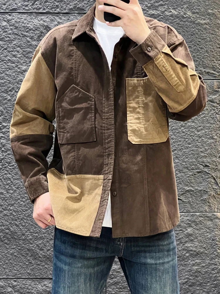 

Casual Retro Patchwork Jaet Men's Autumn Winter New Faion Versatile Corduroy irt American Loose Haome Jaet