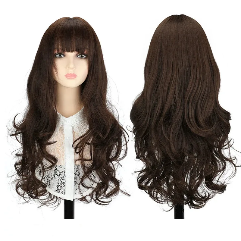 

JK Girl Cosplay Brown Hair Extensions Synthetic Air Bangs Wig Breathable Head Cover Big Wavy 60cm Long Curly Hair Wigs for Women