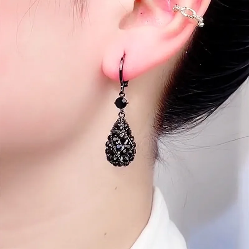 Charming Black Crystal Drop-shaped Pendant Earrings for Women Fashion Personalized Daily Accessories Party Jewelry Birthday Gift