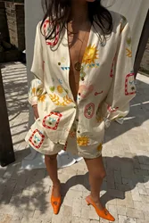 Women Fashion Elastic Waist Two Piece Sets Elegant Floral Print Lapel Long Sleeve Top Short Pants Suit Casual Holiday Outfits