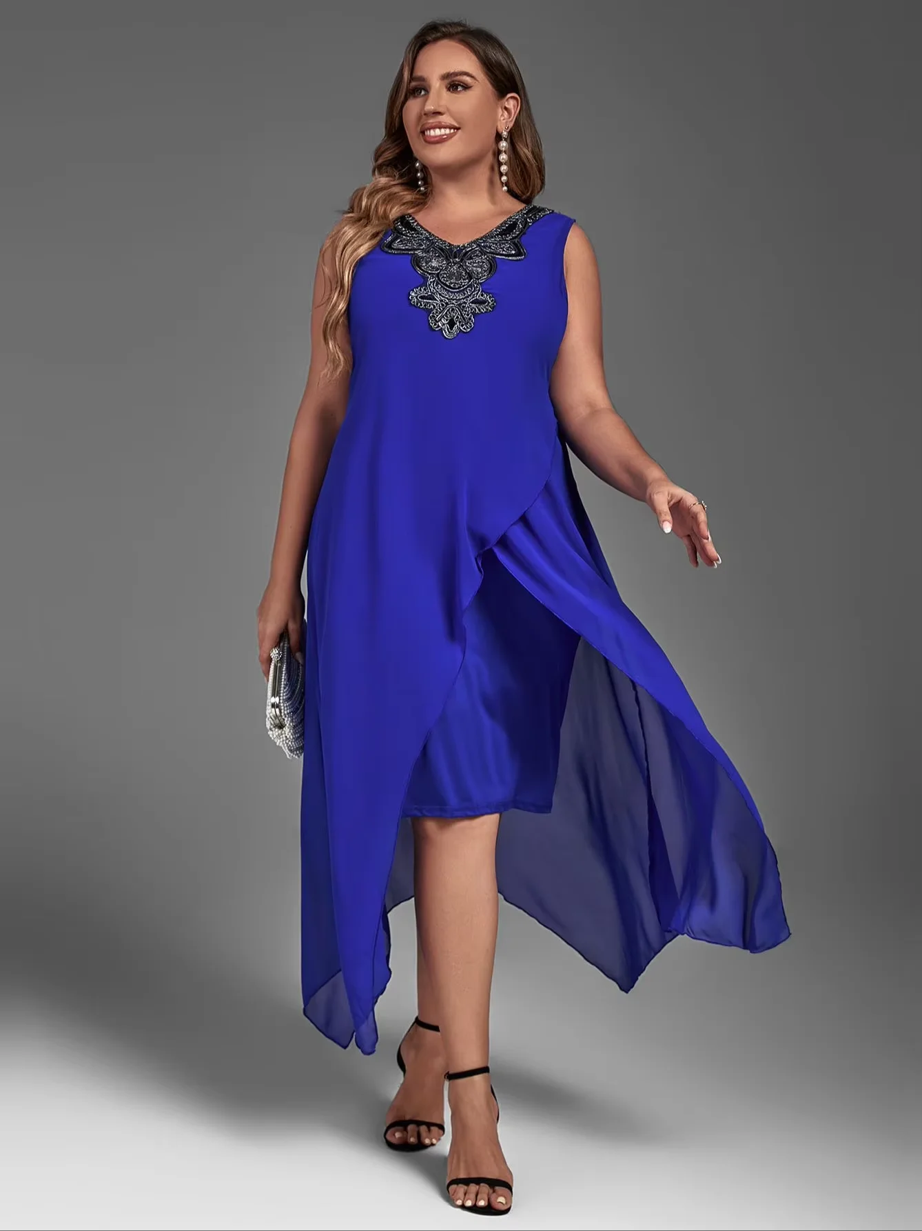 Abito taglie forti per donna Abito lungo sottile irregolare in maglia elegante 2023 Abito da sera senza maniche casual estivo 2XL 3XL 4XL