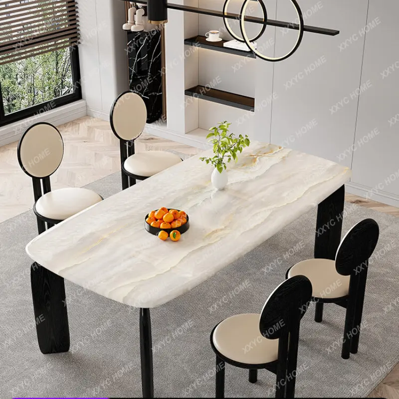 202 Solid Wood Natural Microlite Rectangular Dining Tables and Chairs Set Modern Minimalist Marble Home Dining Table