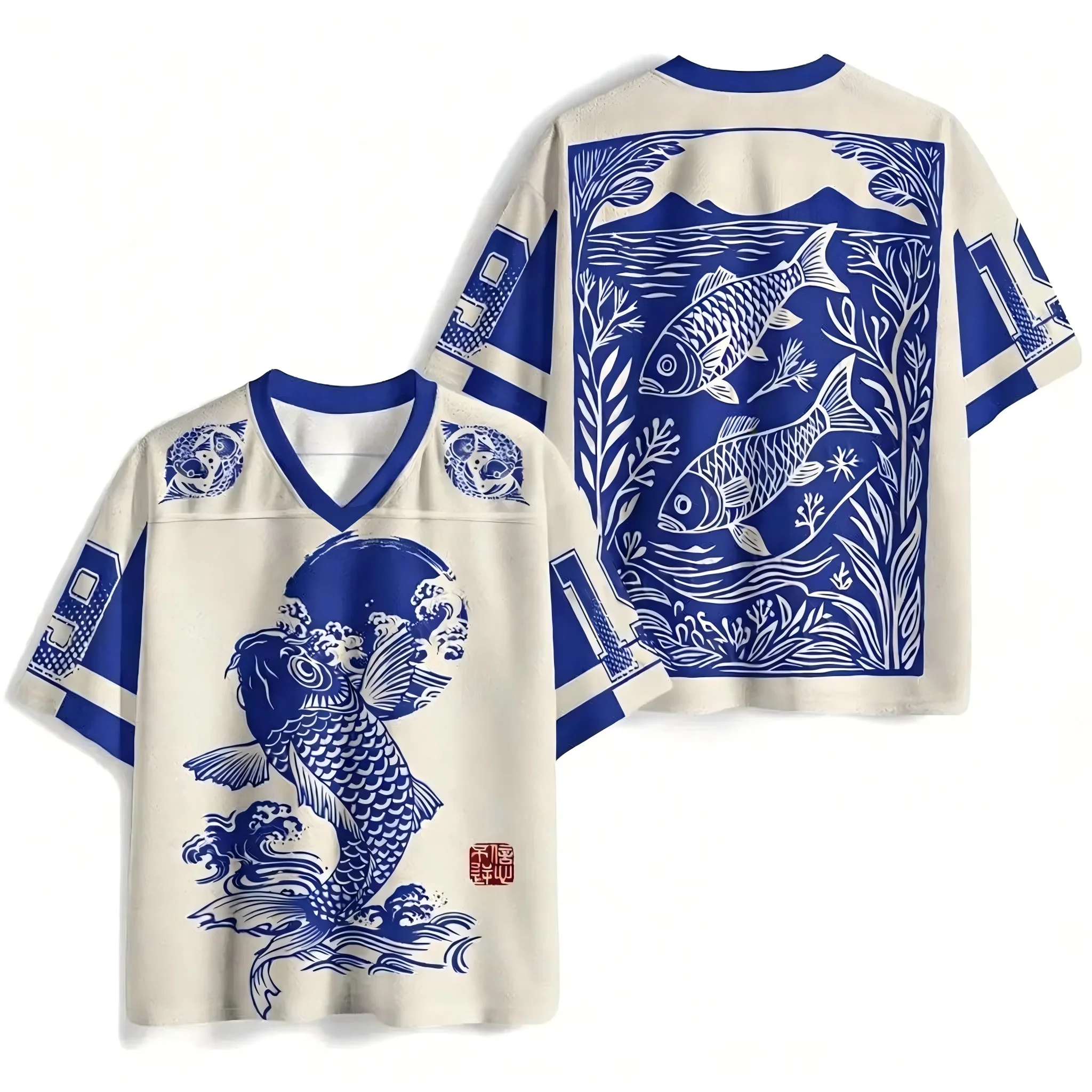 New Summer Japanese Limited Koi Fish Printed V-Neck T-Shirt, Quick Dry Fitness Outdoor Casual Family Matching Short Sleeve Tee