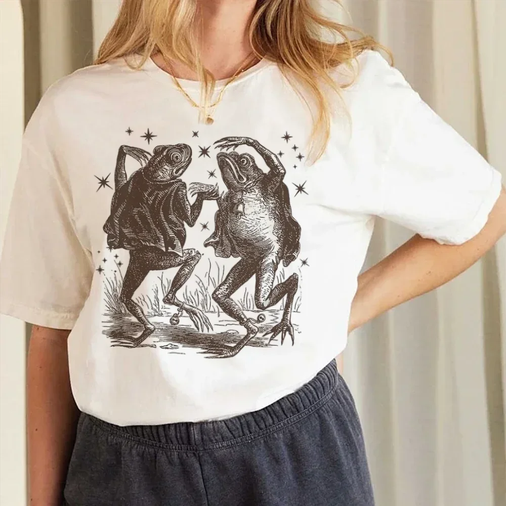 Harajuku retro 90s feminino simples estilo casual camiseta de manga curta impressa camiseta moda feminina sapo padrão camiseta