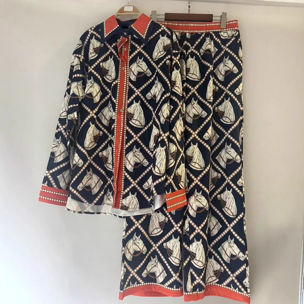 

Spring Retro Style Womens Pant Suits Cartoon Printed Lapel Loose Long Sleeve Shirt Two Piece Sets Womens Outifits Женский Костюм