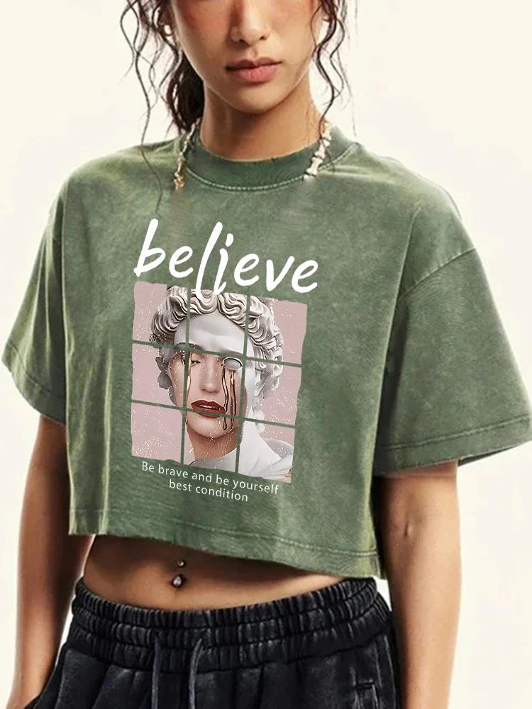 Be Brave And Believe Print Women Washed Short Tshirts Summer Fashion T-Shirt Breathable O-Neck Tee Shirts Soft Distress Clothes