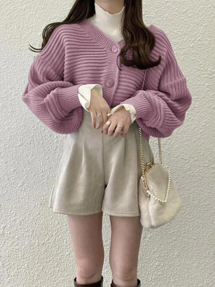 

New Knitwear Sweater Coat 2023 Women Clothing Pull Femme V-neck Single Breasted Solid Lantern Sleeve Cardigan Tops Sueter Mujer