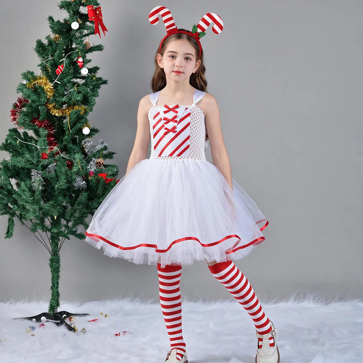 Girls Christmas Candy Cane Tutu Dress Kids Xmas Santa Costume Red White Striped Dress for New Year Holiday Party Fancy Outfit