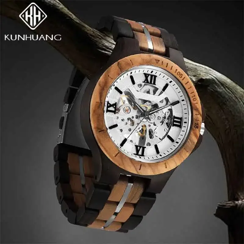 KUNHUANG Brand Top Luxury Man Watch Automatic Mechanical Watch Luxury Hollow Skeleton Dial Wooden Clock Natural Wood Men's Watch