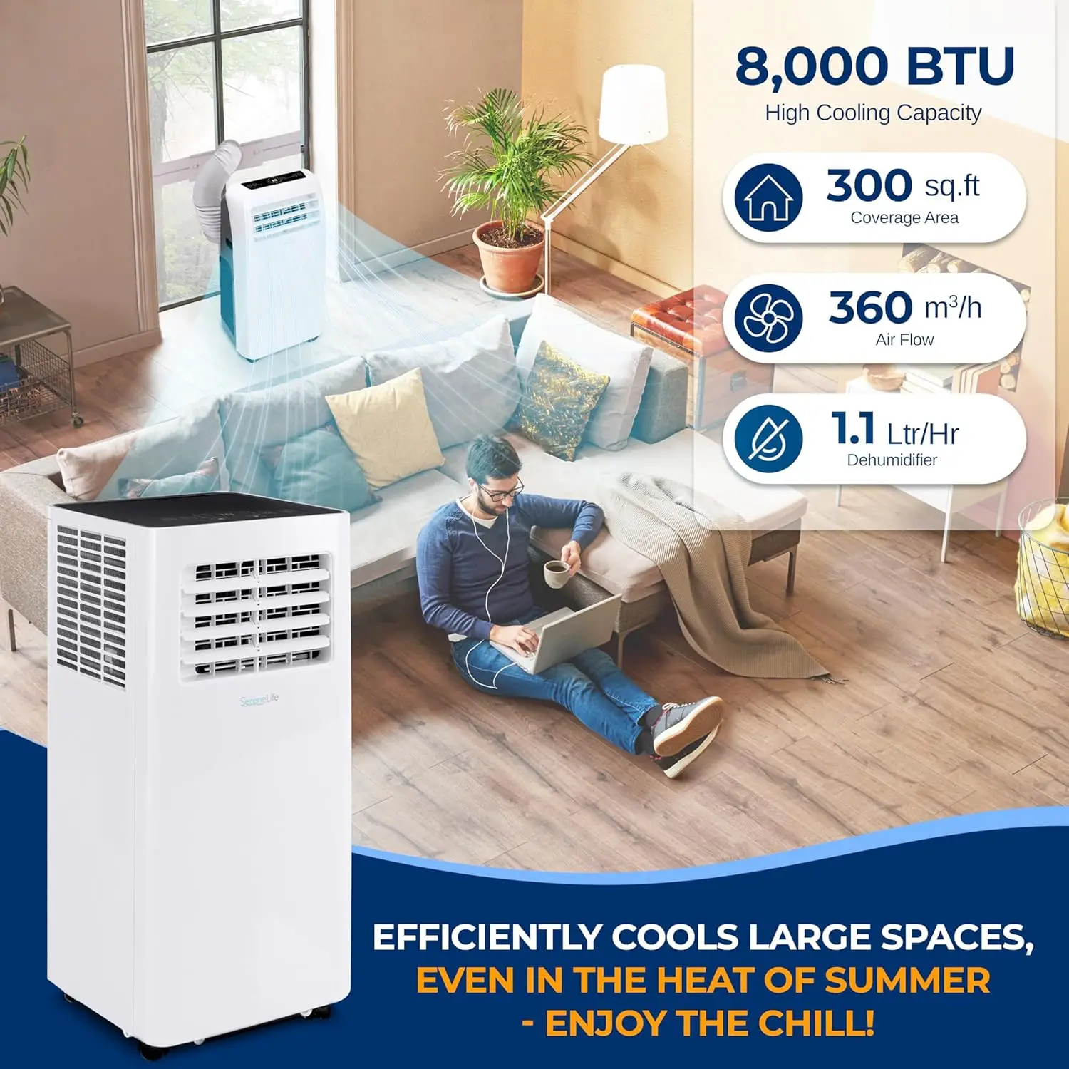 Small Air Conditioner Portable 8,000 BTU with Built-in Dehumidifier - Portable AC unit for rooms up to 350 sq ft - Wi