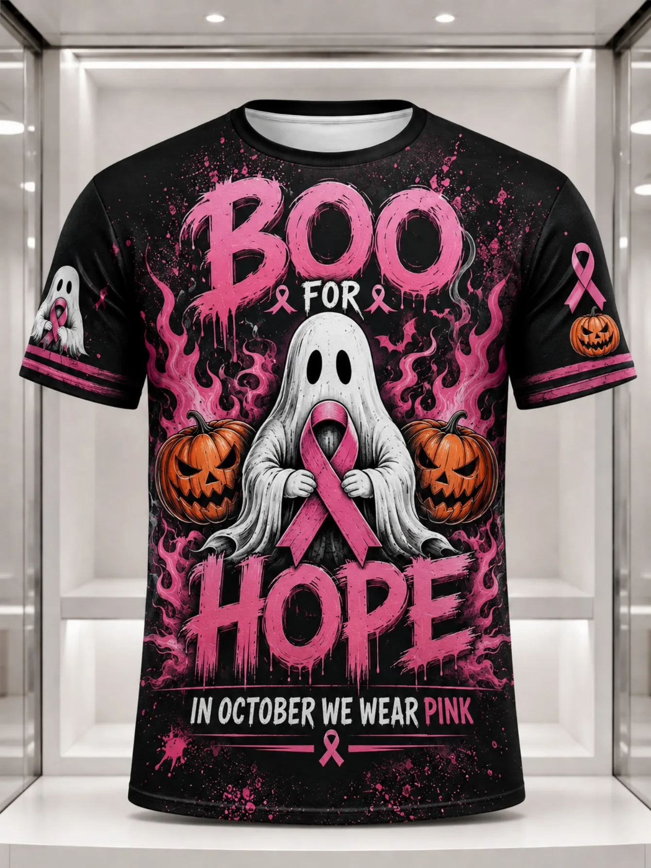 Boo For Hope Ghost Pink Ribbon October Breast Cancer T Shirt Men Crew Neck Short Sleeve Halloween Casual Summer Tee Top