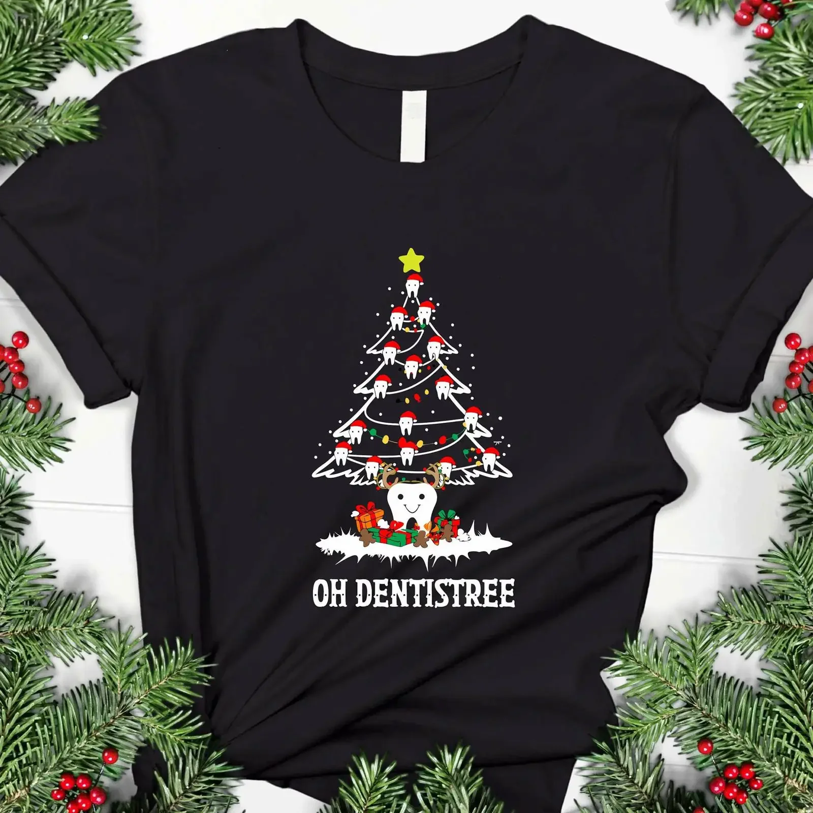 Oh Dentistree Tooth Tree T Shirt Christmas Dentist Student Dental Hygiene Crew Assistant vintage Washed Casual Comfortable