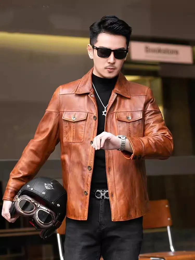 Autumn Men Slim Fit Business Work Sheepskin Genuine Leather Jacket Single Breasted Lapel Collar Vintage Motorcycle biker Coat