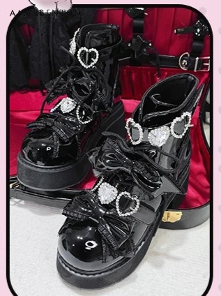 

Goth Dark Girl PU Thick-Soled High-Heeled Ankle Boots Japanese Mass-Produced Beaded Rhinestone Bow Single Shoes Daily Versatile