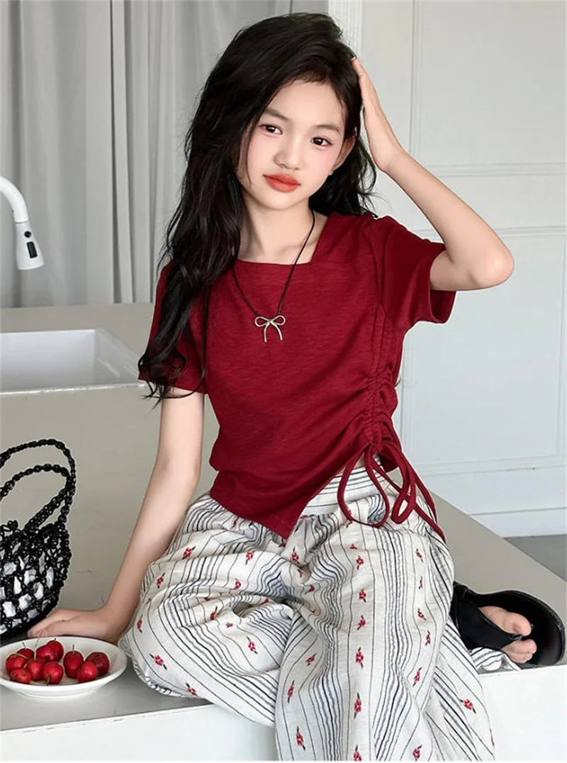 2026 Kids Summer Casual Suits Girls Fashion T-Shirt+Pants 2Pc Children Thin Loose Print Trousers Solid Top Outfits 5-14 Years