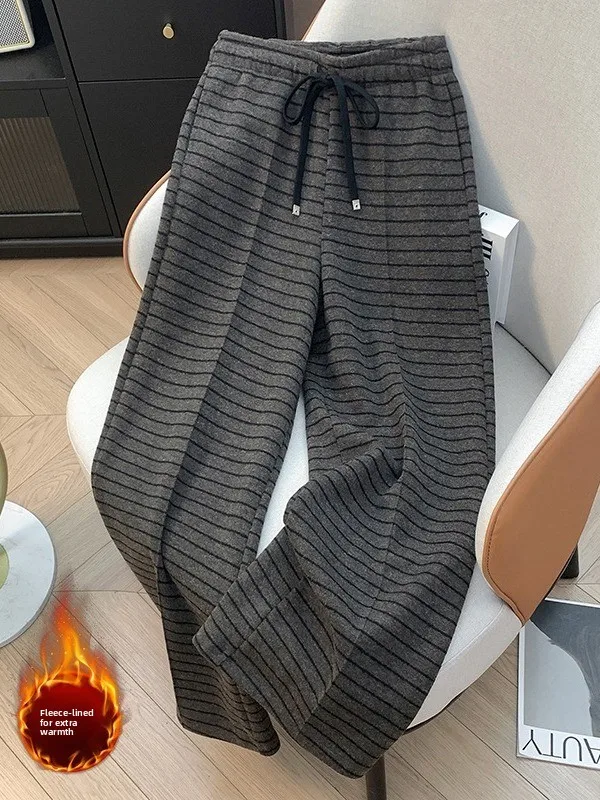 캐주얼 두꺼운 울 와이드 레그 팬츠 여성용 겨울 신상 드로스트링 스트라이프 루즈 슬림 캐주얼 바지
