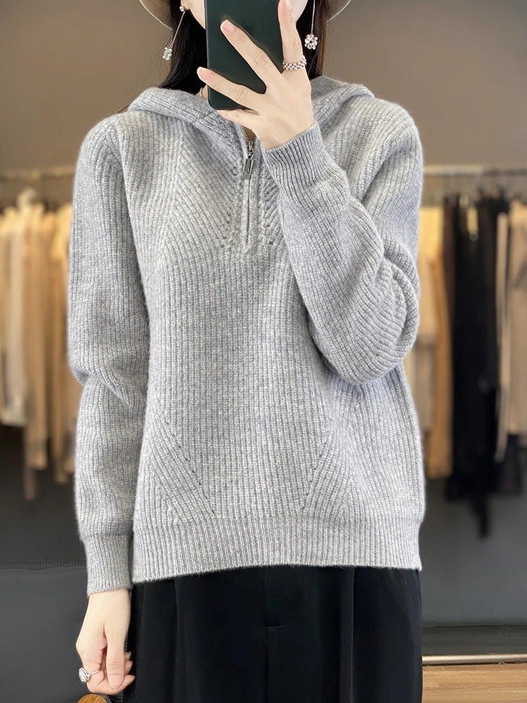 2024 Autumn Winter Women Sweater 100% Merino Wool Hooded Knitwear Korean Style Pullover Long Sleeve Soft Cashmere Clothing Top