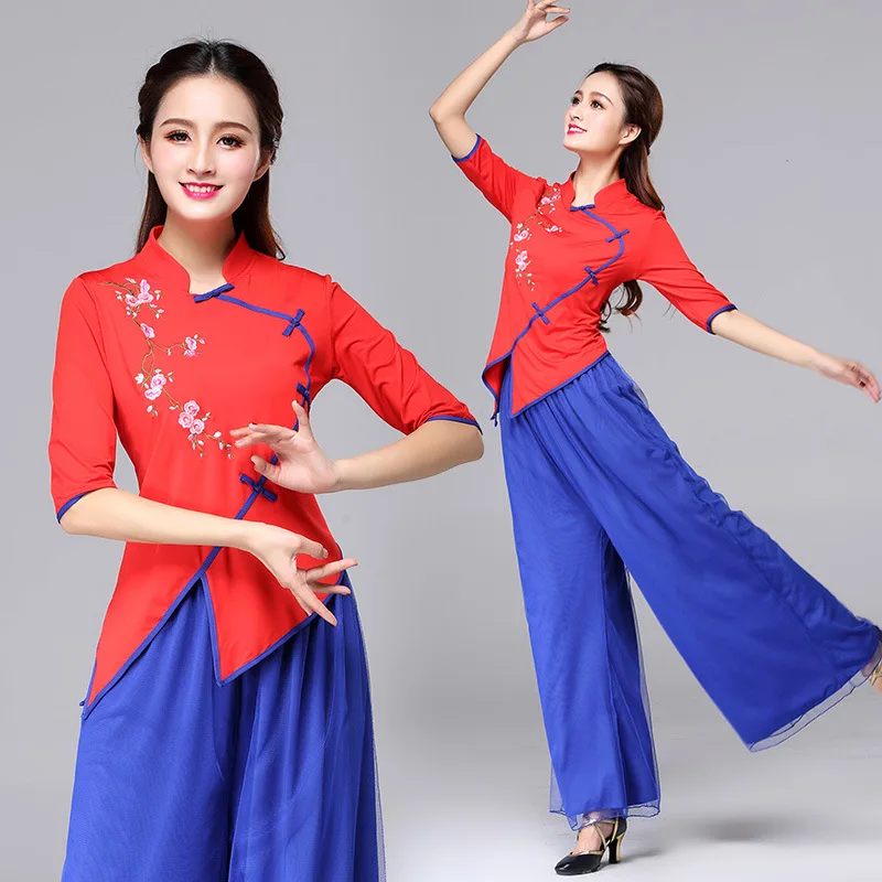 Square Dance Costume New Embroidered Mid Sleeve Two piece Mesh Wide Leg Pants Performance Costume Stage Competition 991803