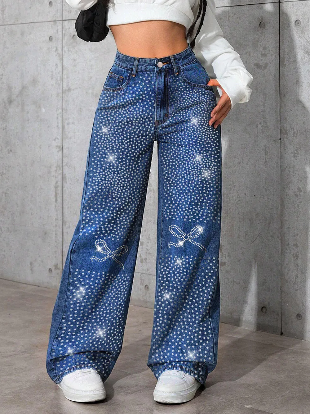 

Женские мешковатые синие джинсы в стиле ретро, осень-зима, новая мода, свободные прямые брюки с бриллиантами и бабочкой, повседневные джинсовые брюки