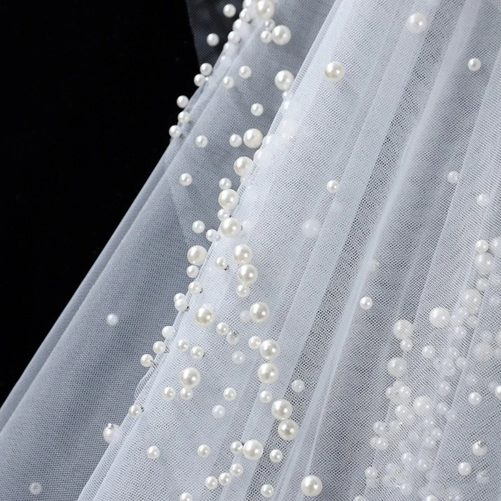 130cm Pearls Tulle Bridal Veil Vintage Without Comb Long Wedding Veil Face-Covered White Bead Waist Length Drop Veil For Women