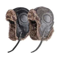 Men Autumn Winter Lei Feng Hat Fur Leather Ear Protection Pilot Hat Warm Windproof Waterproof Snow Cap Outdoor Riding Bomber Hat