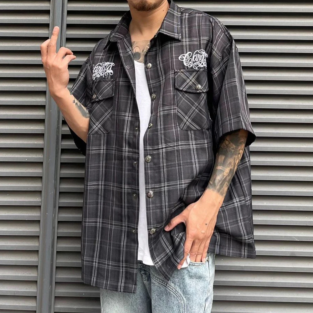 High Street Embroidered Letter Short Sleeve Shirt Hiphop Casual Retro Plaid Lapel Half Sleeve Chicano Top Summer Men's Wear