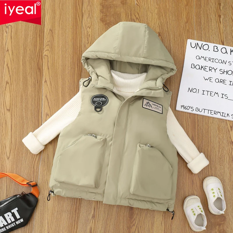 

IYEAL 3-10 Years Boys Girls Kids Waistcoat Winter Warm Sleeveless Jacket For Children Coats With Pocket Thicken Hooded Vest