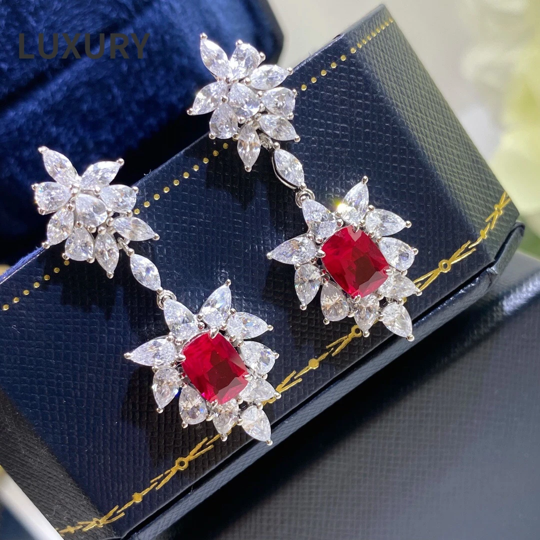 

Luxury 100% S925 Sterling Silver Ruby High Carbon Diamond Long Pendant Earrings For Women Sparkling Fine Jewelry Gifts