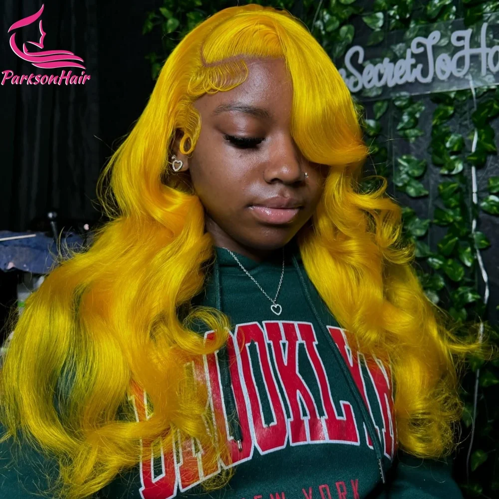 

Yellow Colored 13x6 Human Hair Wigs Body Wave Pre plucked Transparent Lace Front Wig 100% Human Hair Quality Lace Wig 180% 250%
