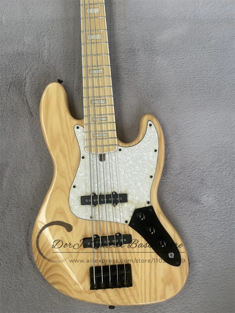 5 Strings Bass Guitar V7 Body ASH Wood Body Maple Fingerboard Pearl Inlay Fixed Bridge Black Tuners Active Battery