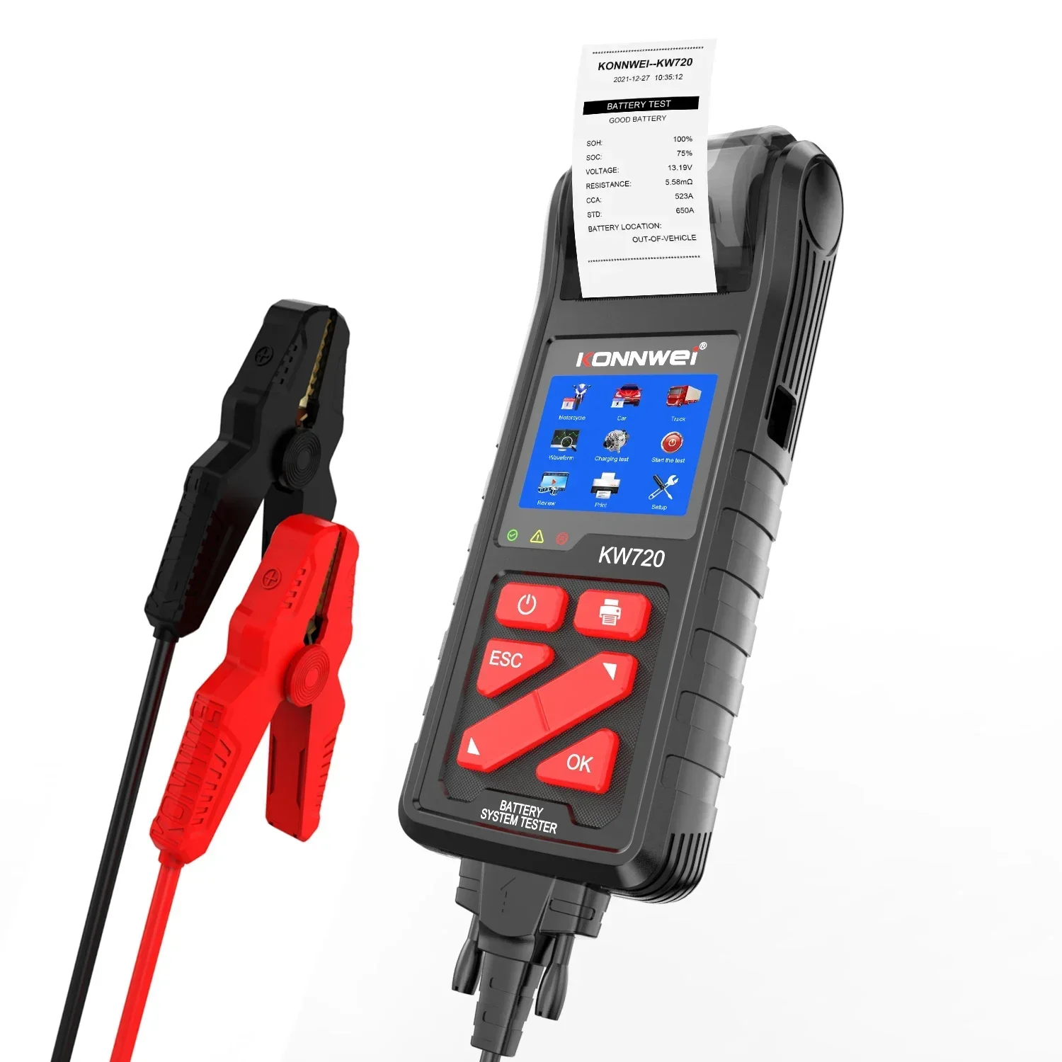 

KONNWEI Factory KW720 6V 12V 24V Digital Battery Tester CCA SOH Analyzer with Printer for workshops