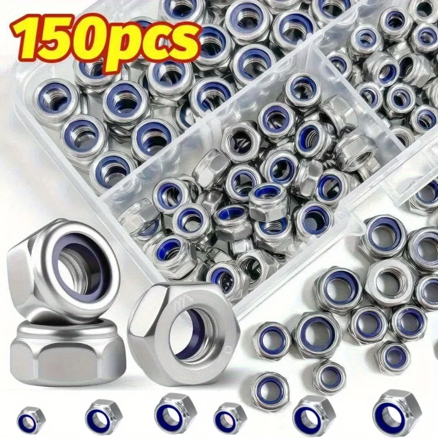 150pcs Nylon Locking Nuts - Anti-Slip, Self-Locking, Hexagonal Cap, Full Thread, Right Thread, M3/M4/M5/M6
