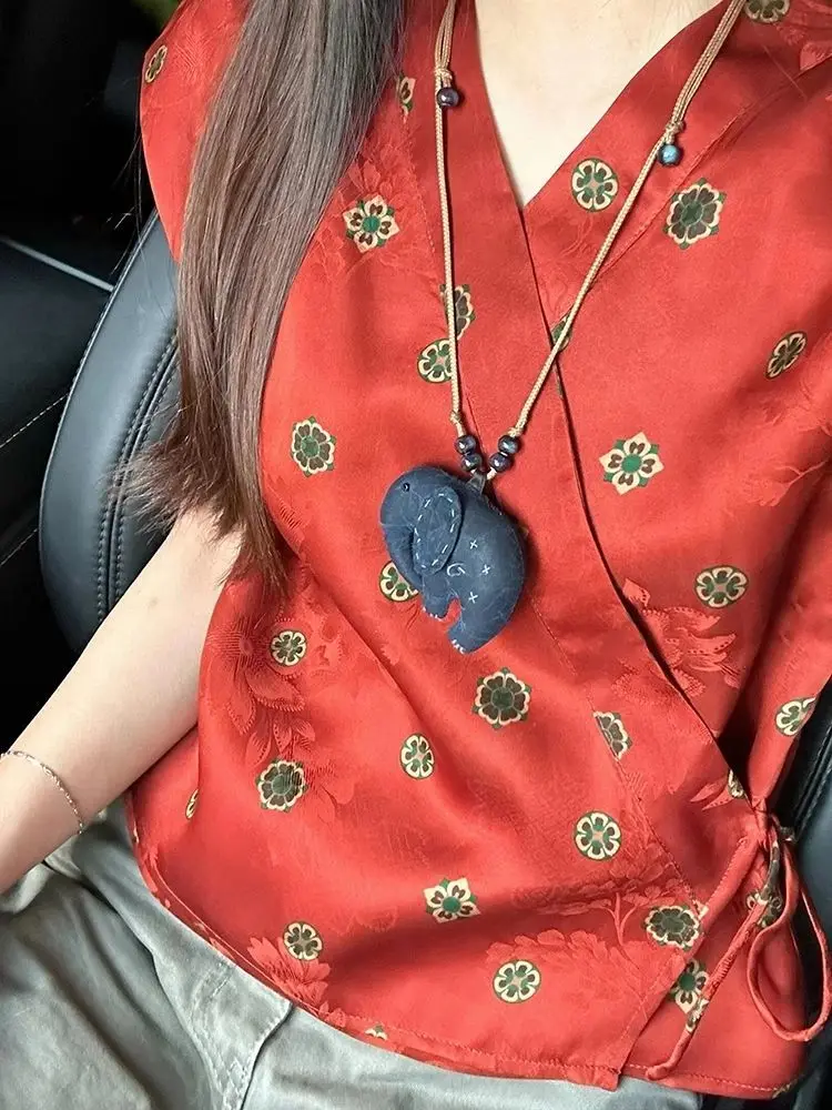 Floral Printed Satin Silk Blouses Women Short Sleeve Retro Tops Chinese Style Hanfu Lace Up Shirts Oversized