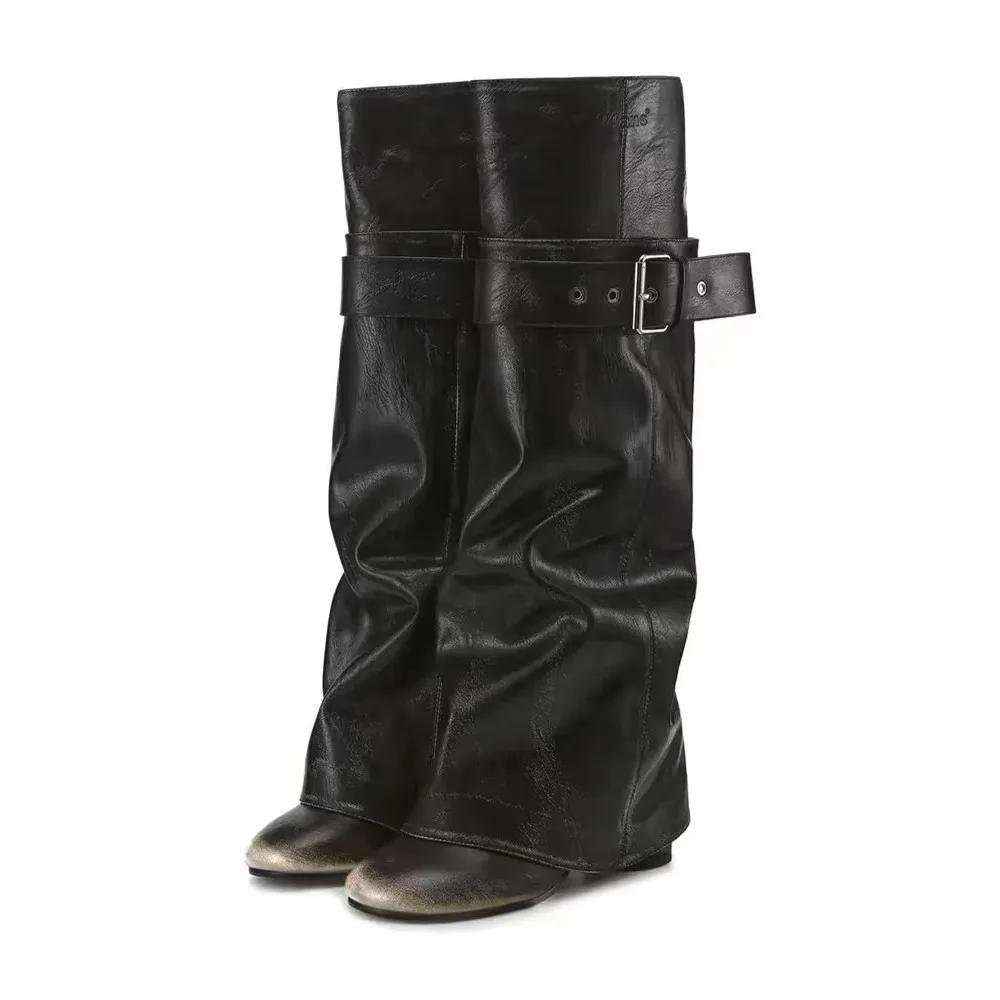 Women Buckle Strap Slouch Knee High Boots Faux Leather Round Toe High Heel Fold Over Long Boots Fashion Botas Mujer