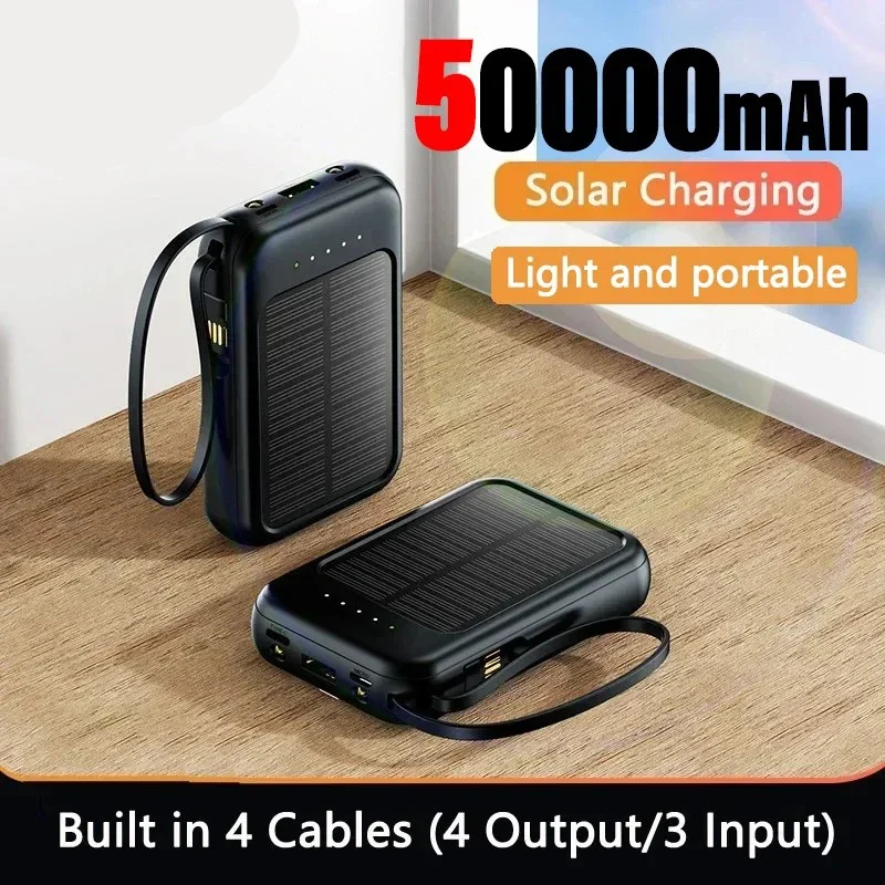 50000MAh Solar Power Bank Built Cables With Four-wire External Charger Portable Large Capacity Powerbank LED Light 2024