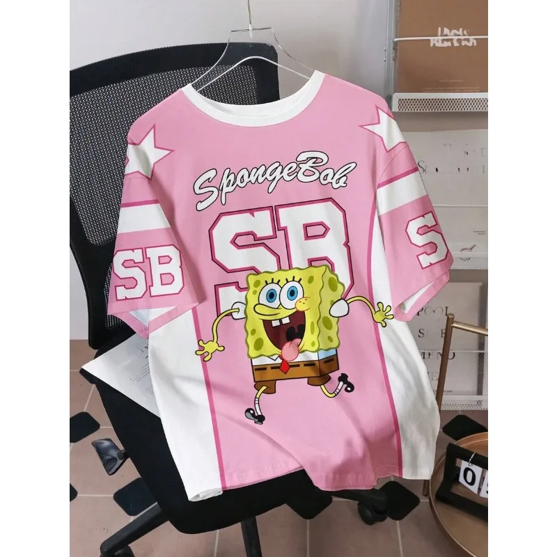 Pink and White Contrasting Splicing Short Sleeved T-shirt, SpongeBob SquarePants Cartoon Printed Loose Casual Top