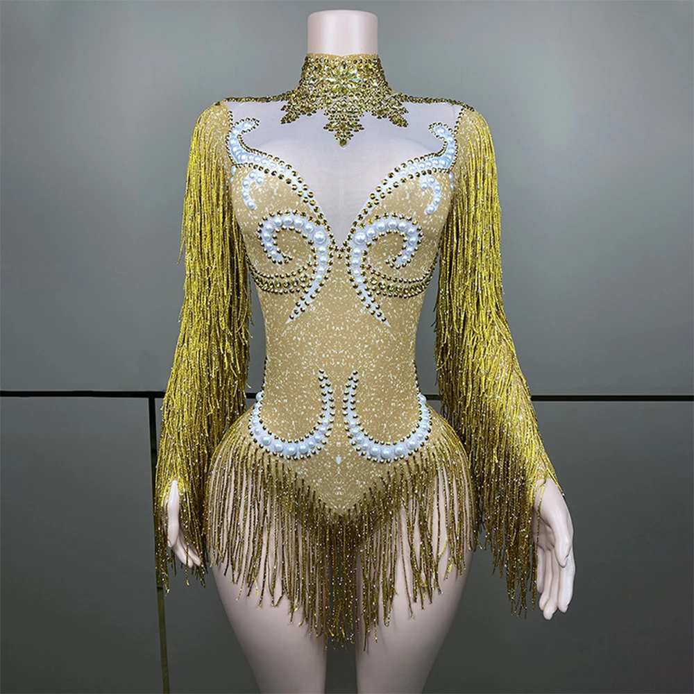 Customized New Tassels  Mesh lace Transparent High Elastic Short Sleeve Sequins Sexy Tight Party Dress  Stage Performance Dress