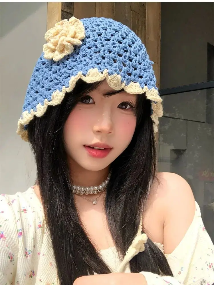 

Hand-knitted Openwork Multi-Coloured Beanie Women Lightweight Breathable with Tie Straps Floral Larger Head Sizes