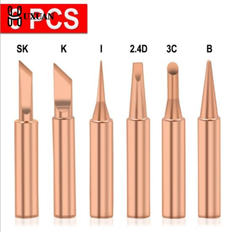 

6pcs/lot 900M-T Copper Soldering Iron Tips Lead Free Solder Welding Sting For 936/937/938/969/8586/852D Soldering Station