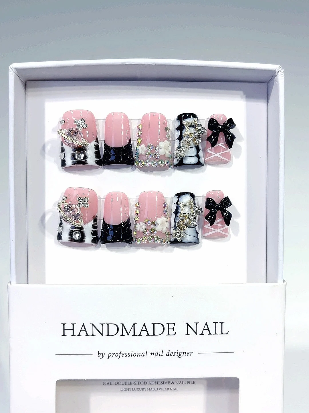 Roze zwarte strik strass raster pers op nagels (L225)