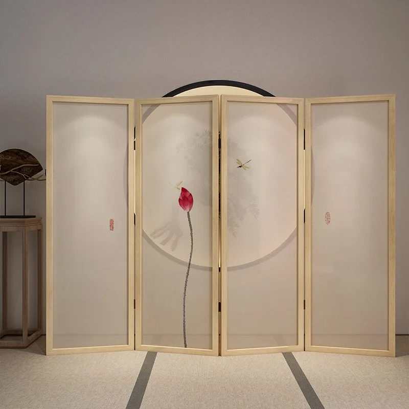 New Chinese-style screen folding screen folding partition decoration living room bedroom movable simple and elegant lotus cover