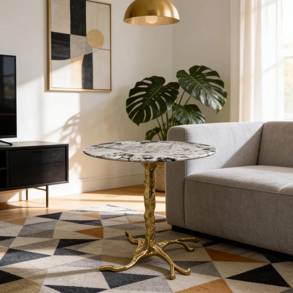 mnLuxury Brass Marble Corner Table Round Side Table for Living Room High-End Furniture Art Decoration Customization*